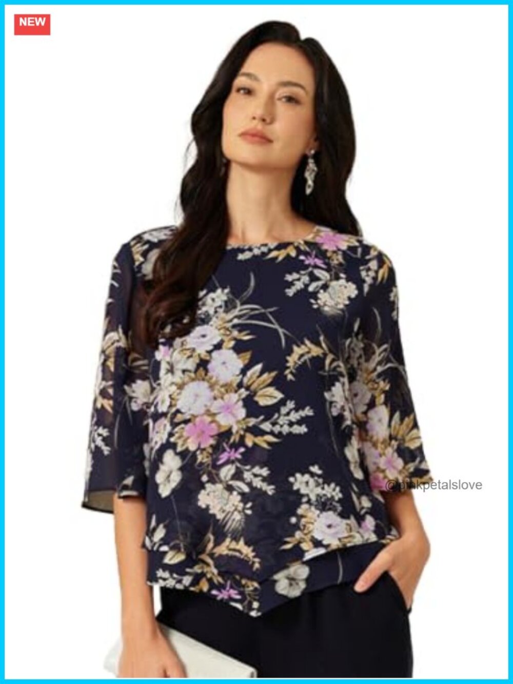 Chiffon Floral Blouse Bell Sleeve Ruffle Hem Dressy Casual Top